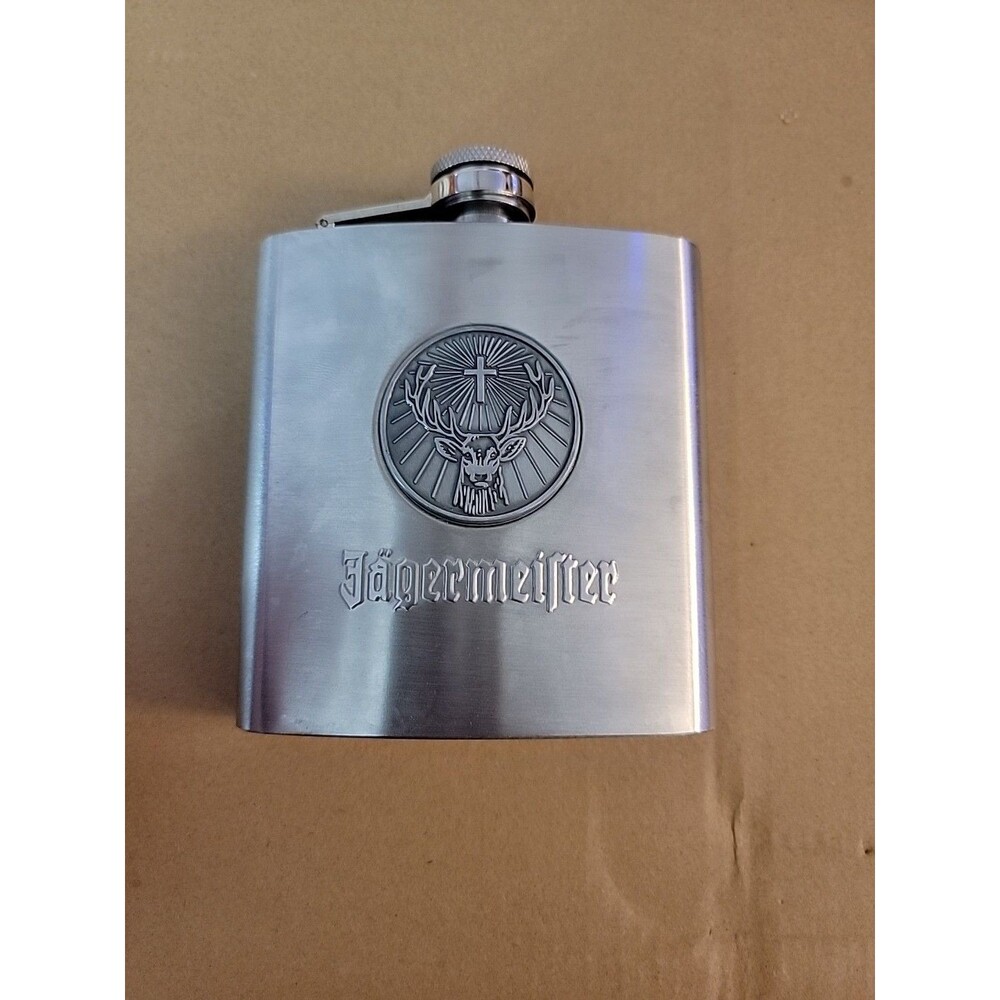 Jagermeister Hip Flask 6 oz Deer Head Stag Logo Stainless Steel Swing Top Promo